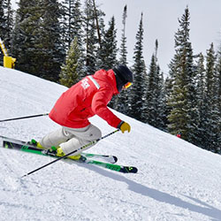 Skiing_01 Downhill skier making a right turn on a tree-lined slope